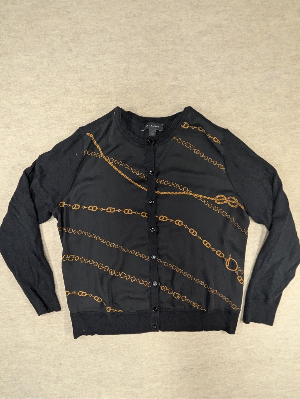 Ann Taylor Black Cardigan with Gold Chain Print